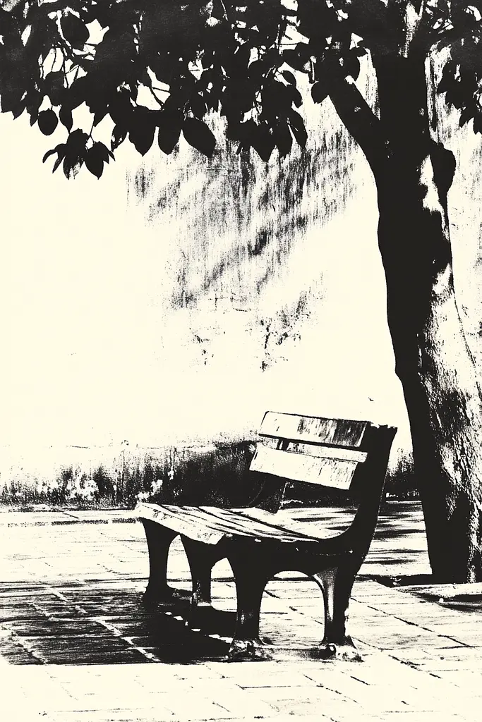 Midjourney generated image using SREF code Tangled Formations: A black and white photo of a park bench under a tree.