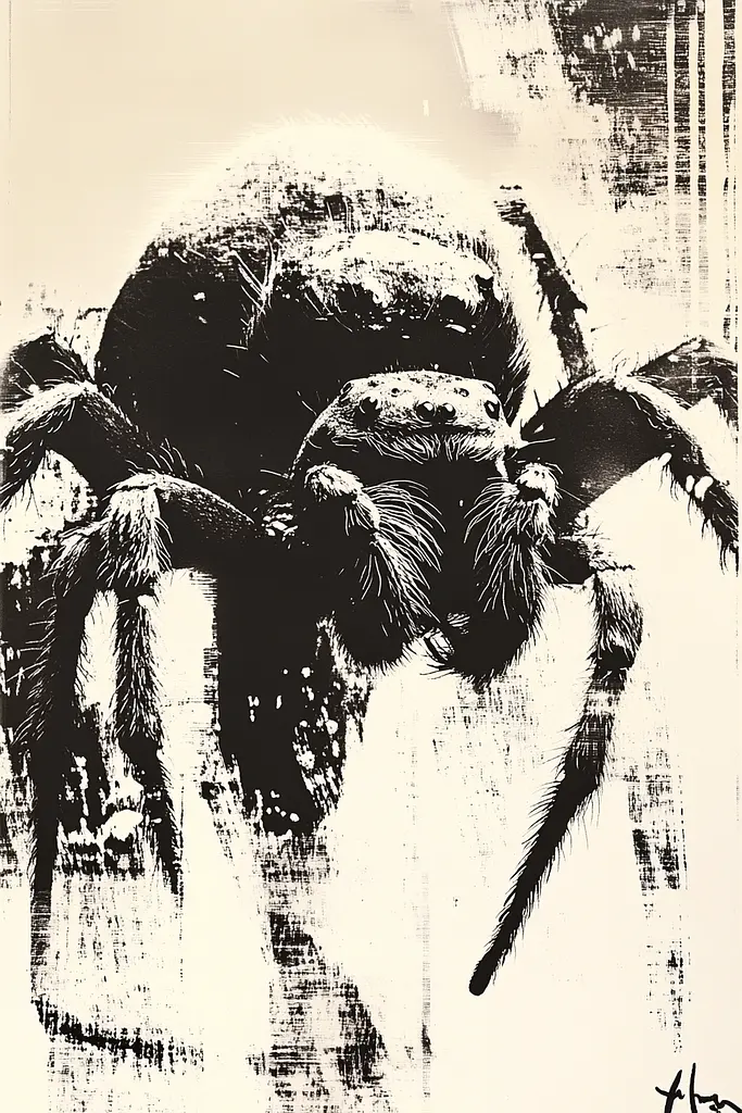 Midjourney generated image using SREF code Tangled Formations: A black and white drawing of a spider.