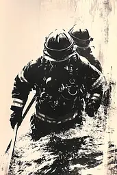 Midjourney generated image using SREF code Tangled Formations: A black and white drawing of two firemen in the water.