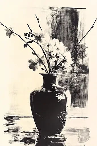 Midjourney generated image using SREF code Tangled Formations: A black and white drawing of flowers in a vase.