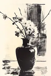 Midjourney generated image using SREF code Tangled Formations: A black and white drawing of flowers in a vase.