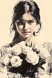 Midjourney generated image using SREF code Tangled Formations: A woman holding a bunch of white roses.