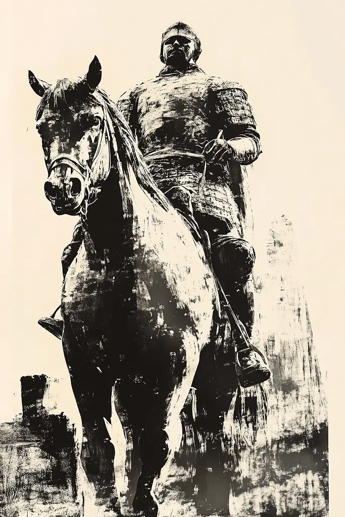 Midjourney generated image using SREF code Tangled Formations: A black and white drawing of a man on a horse.