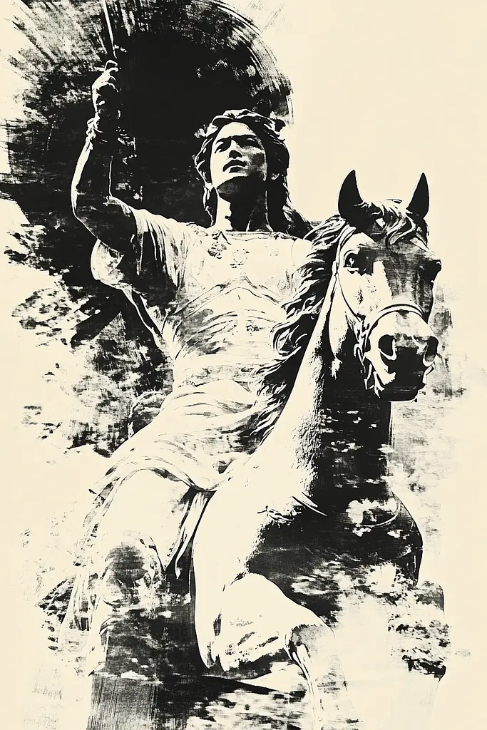 Midjourney generated image using SREF code Tangled Formations: A black and white drawing of a statue of a man on a horse.