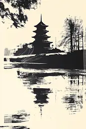 Midjourney generated image using SREF code Tangled Formations: A black and white photo of a pagoda in the middle of a lake.