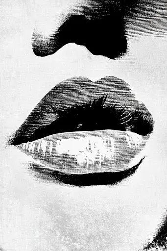 Midjourney generated image using SREF code Tangled Formations: A black and white photo of a woman's lips.