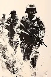 Midjourney generated image using SREF code Tangled Formations: A black and white drawing of a group of soldiers.