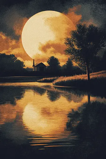 Midjourney generated image using SREF code Obsidian Horizons: A painting of a full moon over a lake with a house in the background.