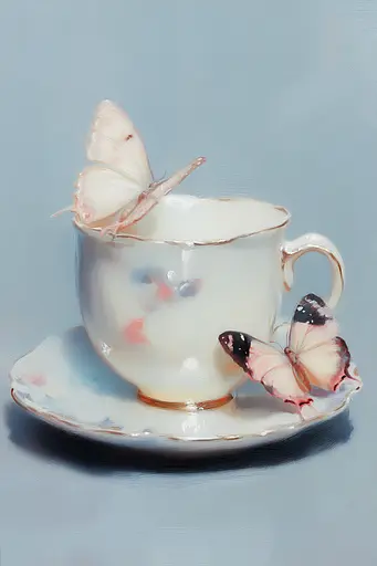 Midjourney generated image using SREF code Ethereal Veil: A painting of a cup and saucer with two butterflies on it.