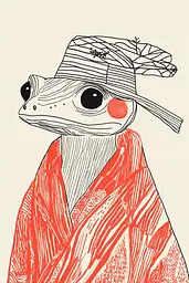 Midjourney generated image using SREF code Celestial Lines: A drawing of a frog wearing a kimono and a hat.