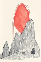 Midjourney generated image using SREF code Celestial Lines: A drawing of a mountain with a red balloon in the air.