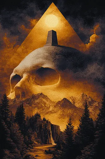 Midjourney generated image using SREF code Obsidian Horizons: A painting of a skull in the middle of a mountain.