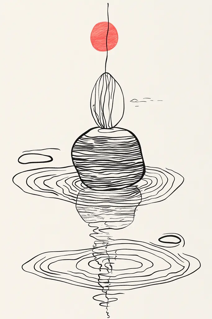 Midjourney generated image using SREF code Celestial Lines: A drawing of a rock floating in the water with a red ball on top.