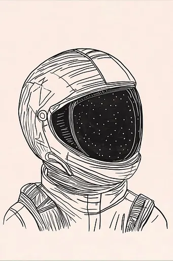 Midjourney generated image using SREF code Celestial Lines: A black and white drawing of a man in a space suit.