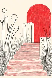 Midjourney generated image using SREF code Celestial Lines: A drawing of a red door and stairs leading up to it.