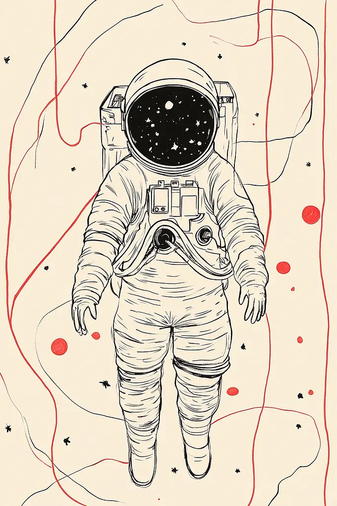 Midjourney generated image using SREF code Celestial Lines: A drawing of an astronaut walking on the moon.