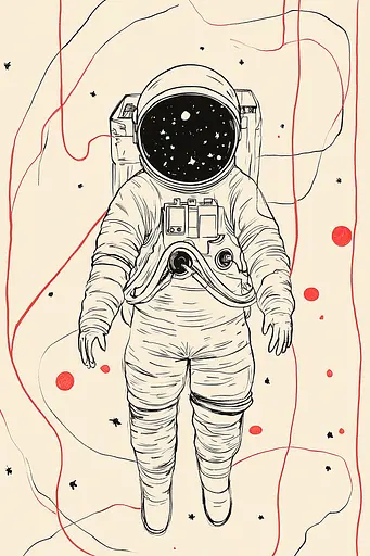 Midjourney generated image using SREF code Celestial Lines: A drawing of an astronaut walking on the moon.