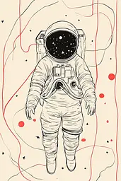 Midjourney generated image using SREF code Celestial Lines: A drawing of an astronaut walking on the moon.