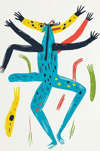 Midjourney generated image using SREF code Joyful Abstraction: A blue and yellow drawing of a man with his arms outstretched.