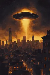 Midjourney generated image using SREF code Obsidian Horizons: A ufo flying over a city at night.