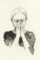 Midjourney generated image using SREF code Serene Ephemera: A black and white drawing of a woman covering her face with her hands.