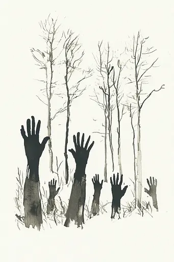 Midjourney generated image using SREF code Serene Ephemera: A black and white drawing of a group of hands reaching up to the sky.