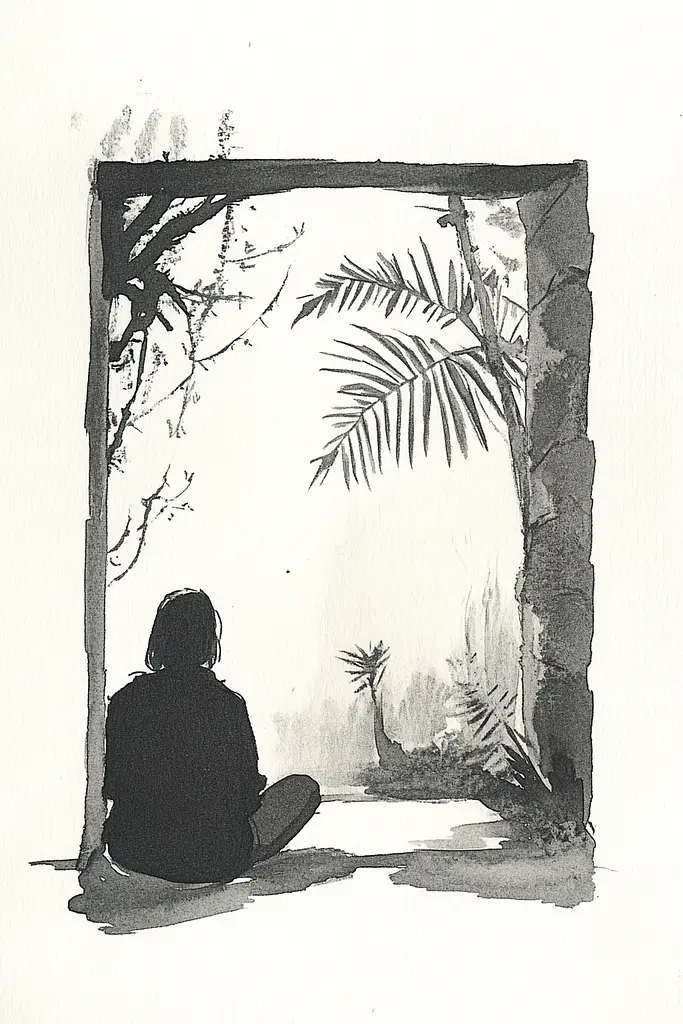 Midjourney generated image using SREF code Serene Ephemera: A black and white drawing of a person sitting in front of a window.