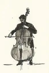 Midjourney generated image using SREF code Serene Ephemera: A drawing of a man playing a double bass.