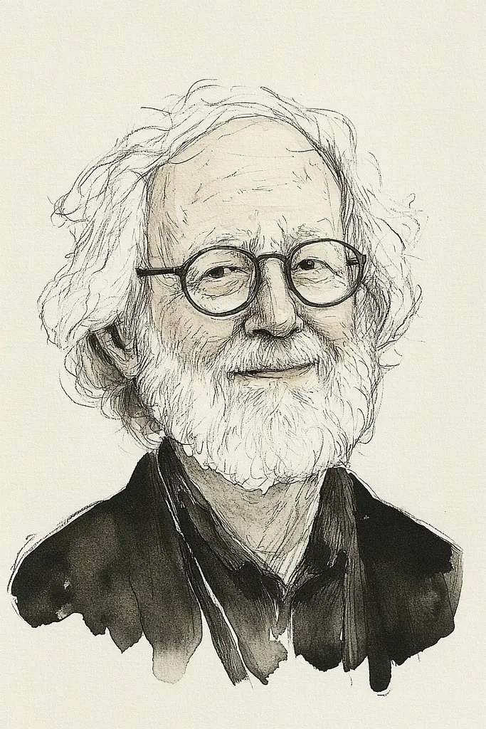 Midjourney generated image using SREF code Serene Ephemera: A black and white drawing of a man with glasses and a beard.