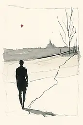 Midjourney generated image using SREF code Serene Ephemera: A drawing of a person walking down a street with a heart in the sky.