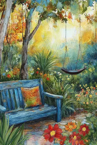 Midjourney generated image using SREF code Ethereal Gardens: A painting of a blue bench in a garden with a swing.