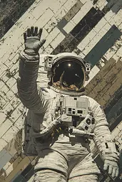 Midjourney generated image using SREF code Fragmented Silence: A man in an astronaut suit standing in front of a building.