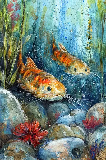 Midjourney generated image using SREF code Ethereal Gardens: A painting of two koi fish swimming in a pond.