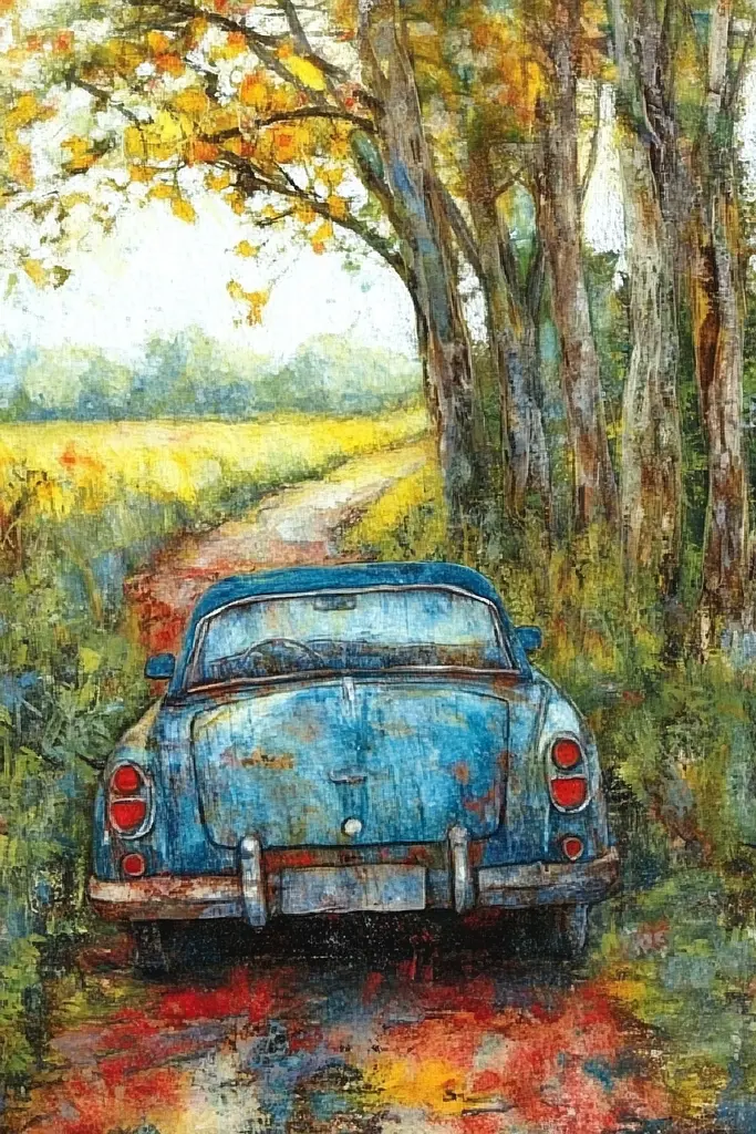 Midjourney generated image using SREF code Ethereal Gardens: A painting of an old blue car parked on a dirt road.