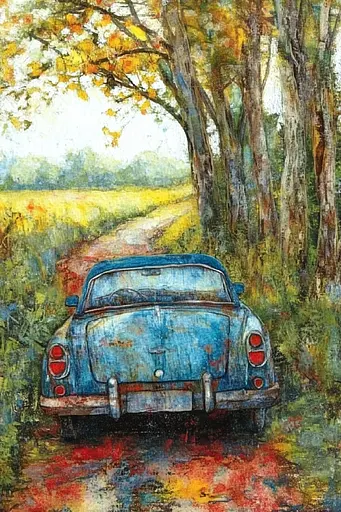 Midjourney generated image using SREF code Ethereal Gardens: A painting of an old blue car parked on a dirt road.