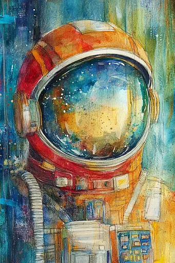 Midjourney generated image using SREF code Ethereal Gardens: A painting of an astronaut in a space suit.