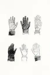 Midjourney generated image using SREF code Serene Ephemera: A black and white drawing of four different hands.