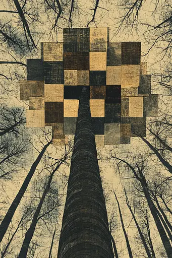 Midjourney generated image using SREF code Fragmented Silence: A tall tree in the middle of a forest with a cross on it.