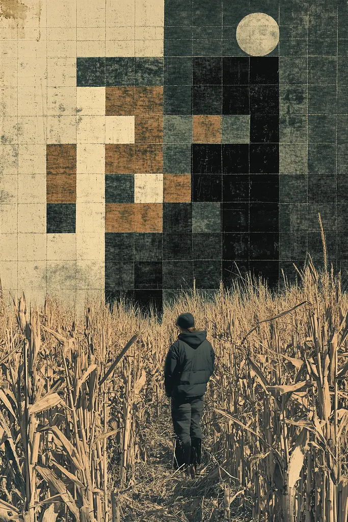 Midjourney generated image using SREF code Fragmented Silence: A person walking through a field of corn in front of a wall.