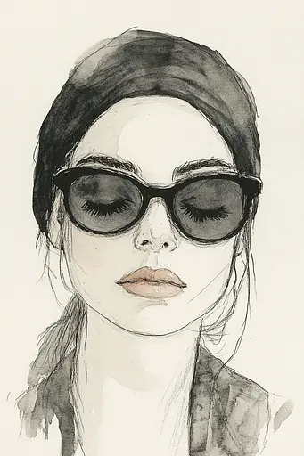 Midjourney generated image using SREF code Serene Ephemera: A black and white drawing of a woman wearing sunglasses.