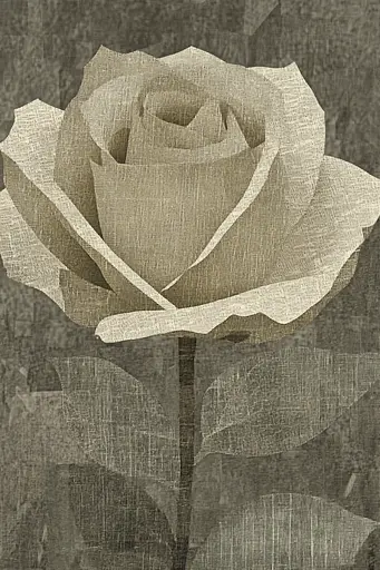 Midjourney generated image using SREF code Fragmented Silence: A single white rose on a gray background.