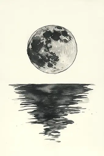 Midjourney generated image using SREF code Serene Ephemera: A black and white drawing of a full moon reflecting in the water.