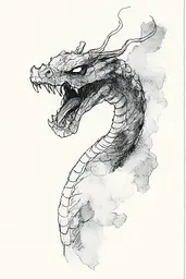 Midjourney generated image using SREF code Serene Ephemera: A drawing of a dragon with its mouth open.