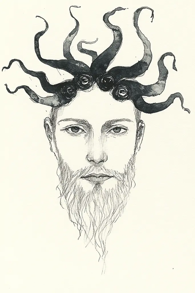 Midjourney generated image using SREF code Serene Ephemera: A drawing of a man with tentacles on his head.