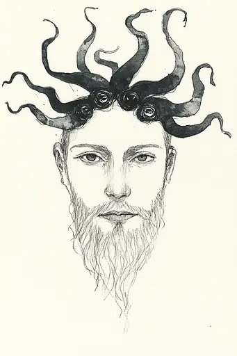 Midjourney generated image using SREF code Serene Ephemera: A drawing of a man with tentacles on his head.