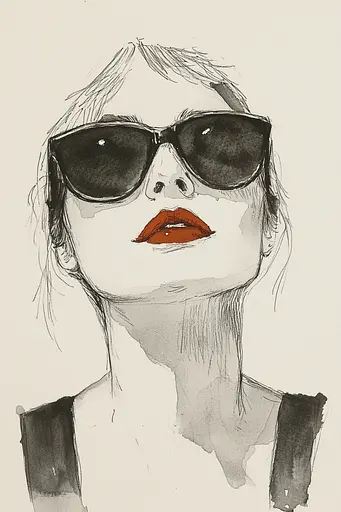 Midjourney generated image using SREF code Serene Ephemera: A drawing of a woman wearing sunglasses and red lipstick.