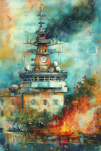 Midjourney generated image using SREF code Ethereal Gardens: A painting of a lighthouse in the middle of a city.