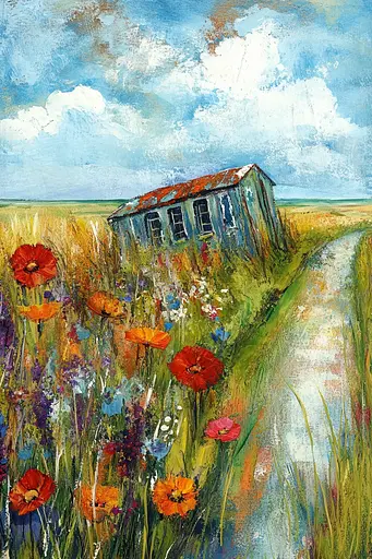 Midjourney generated image using SREF code Ethereal Gardens: A painting of an old abandoned house in a field of flowers.