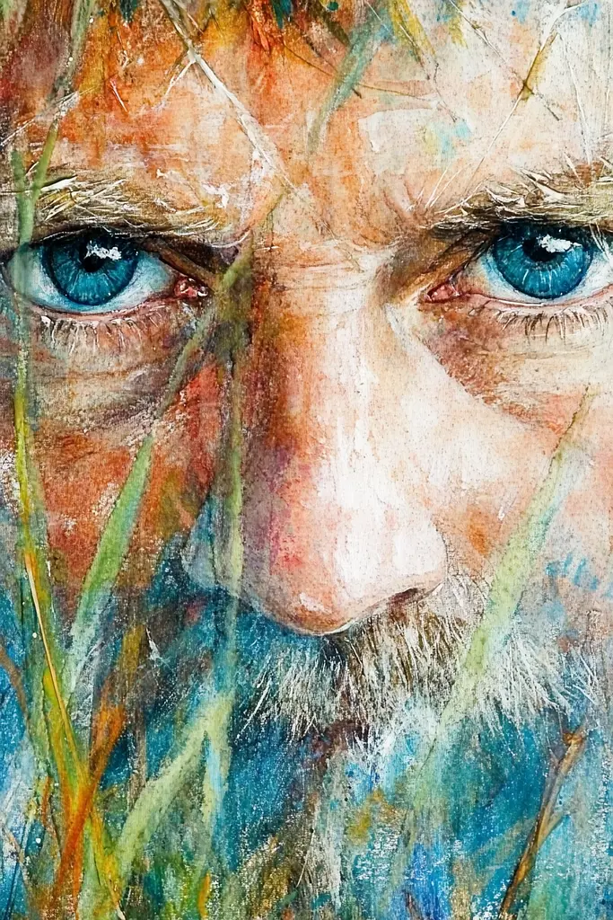 Midjourney generated image using SREF code Ethereal Gardens: A painting of a man with blue eyes in the grass.