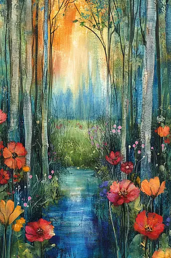 Midjourney generated image using SREF code Ethereal Gardens: A painting of a stream running through a forest filled with flowers.